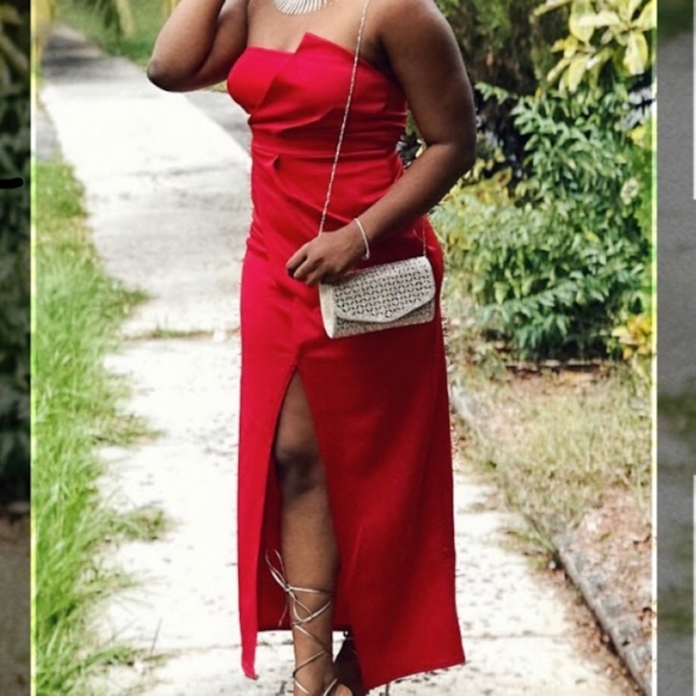 Red evening dress.
